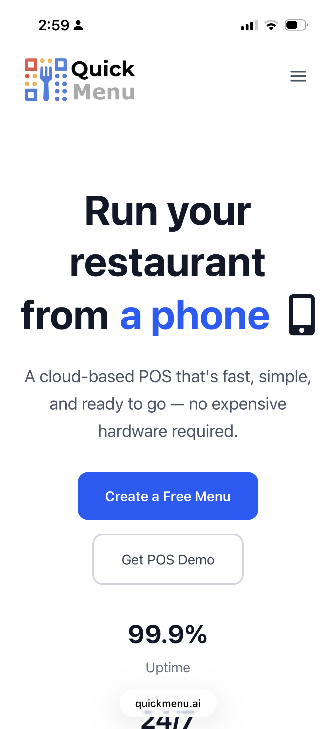 Quickmenu mobile menu showing a French omelette
